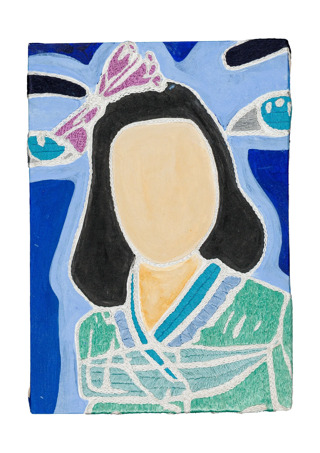 Studio Mogador 1947 - Prélude 2, 2025. Painting and Embroidery on cotton. 24 x 35 cm. Margaux Derhy