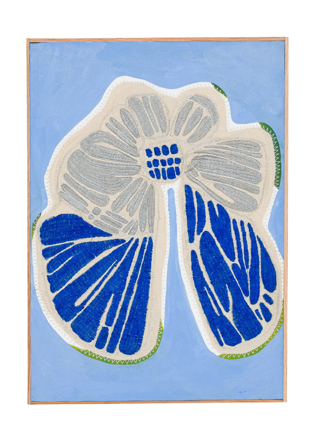 Studio Mogador 1947 - Dénouement 3, 2025. Oil painting and embroidery on sewn cotton. 56 x 40 cm. Margaux Derhy