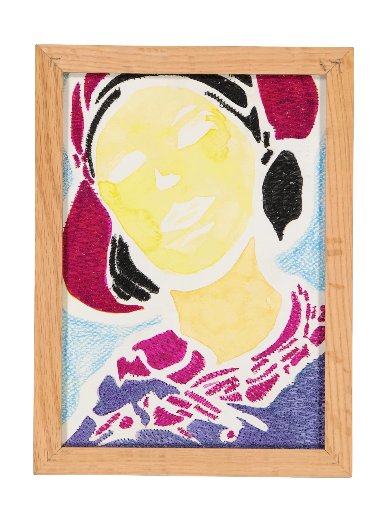 A mother's solace 17, 2024. Watercolor, ink and embroidery on paper - custom-made oak frame with museum-grade glass (UV-protective and anti-reflective). 24 x 32 cm. Margaux Derhy