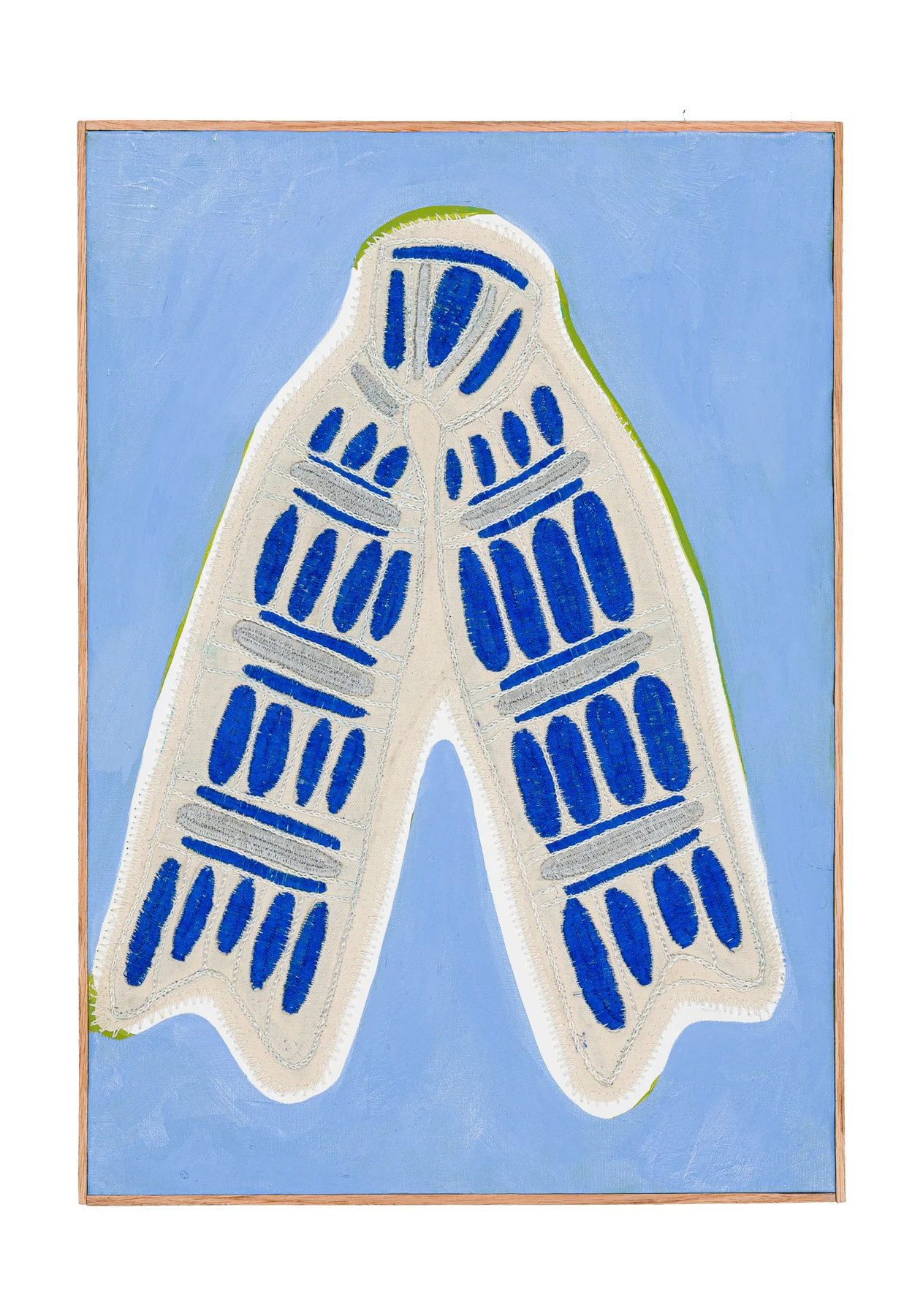 Studio Mogador 1947 - Dénouement 5, 2025. Oil painting and embroidery on sewn cotton. 56 x 40 cm. Margaux Derhy