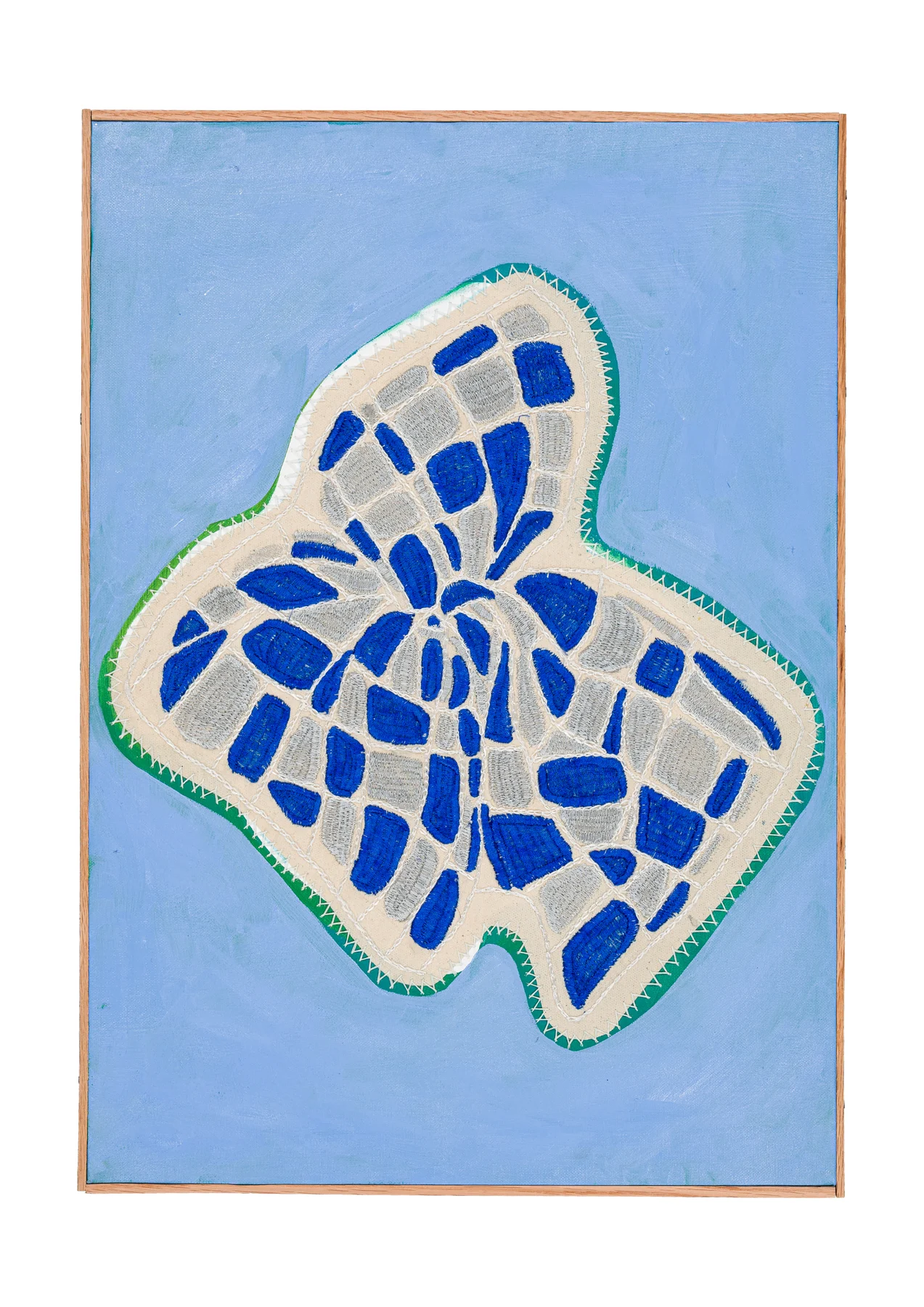 Studio Mogador 1947 - Dénouement 4, 2025. Oil painting and embroidery on sewn cotton. 56 x 40 cm. Margaux Derhy