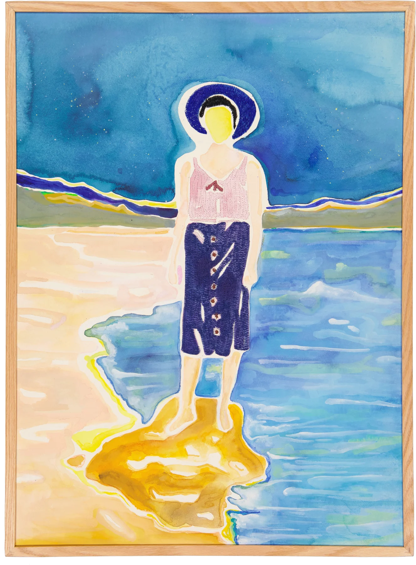 En Solitude 3, 2024. Watercolor and embroidery on paper. 76 x 56 cm. Margaux Derhy