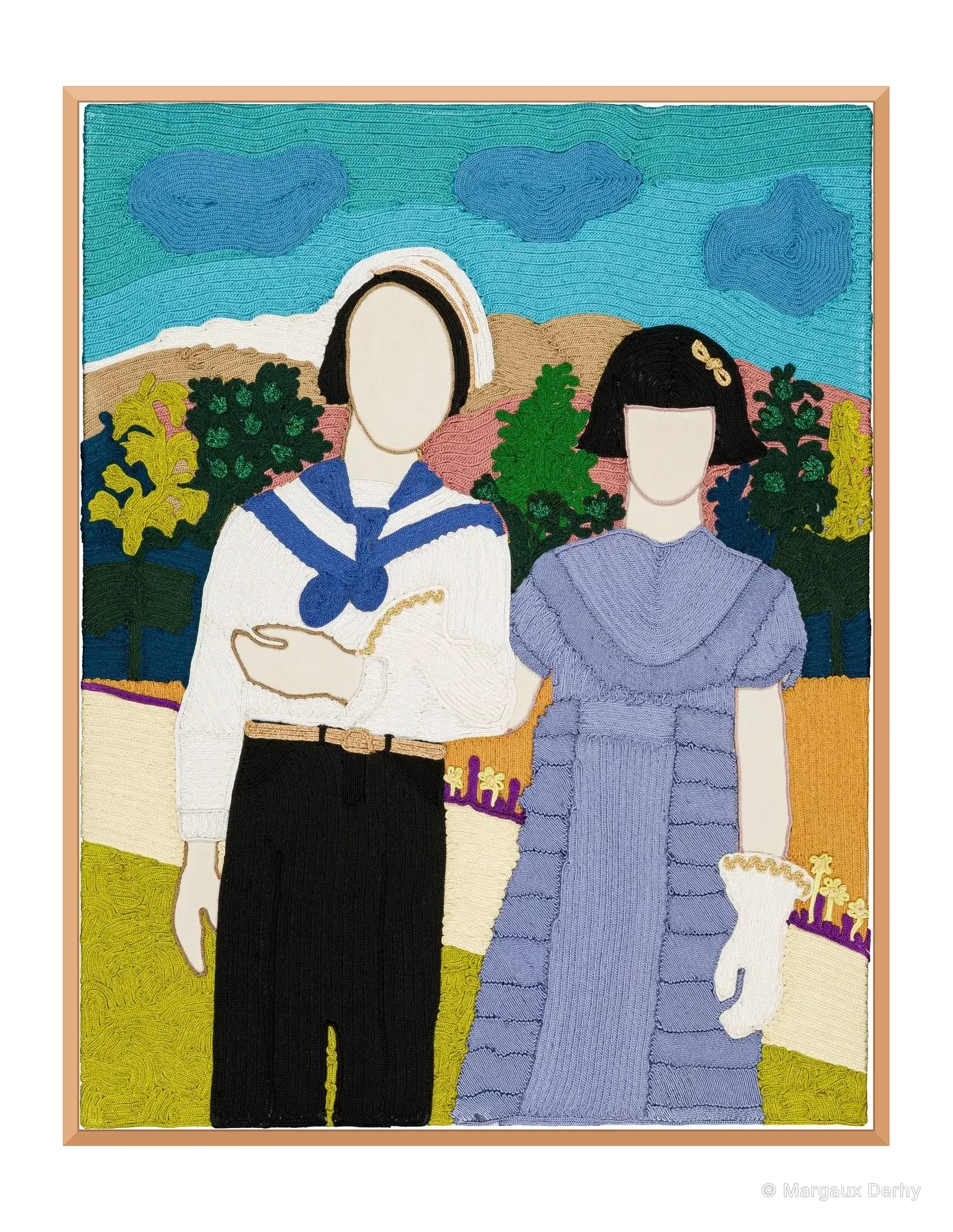 Archive de la tendresse masculine - To the one I love 3, 2025. Passementerie sfiffa brodée à la main sur coton. 90 x 70 cm. Margaux Derhy