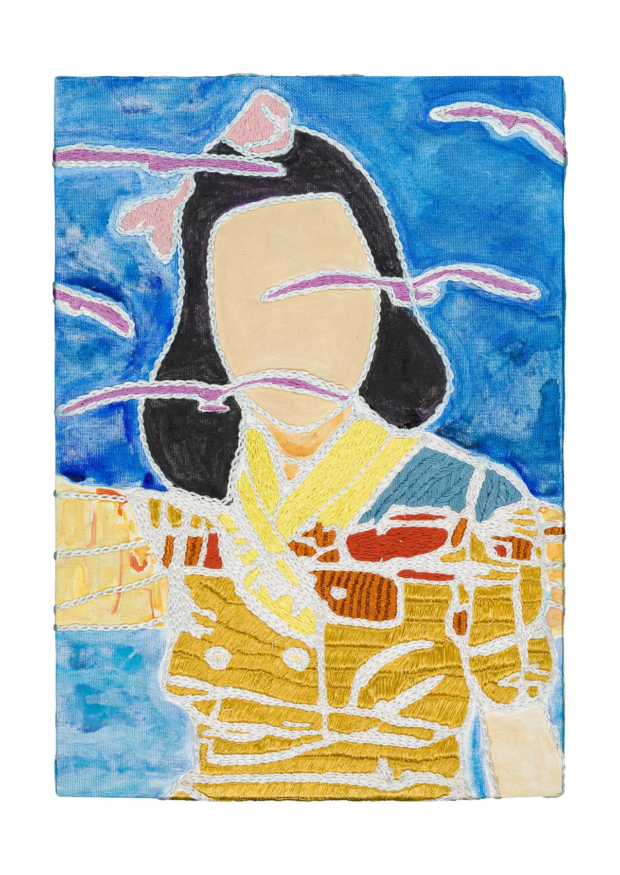 Studio Mogador 1947 - Prélude 3, 2025. Painting and Embroidery on cotton. 24 x 35 cm. Margaux Derhy