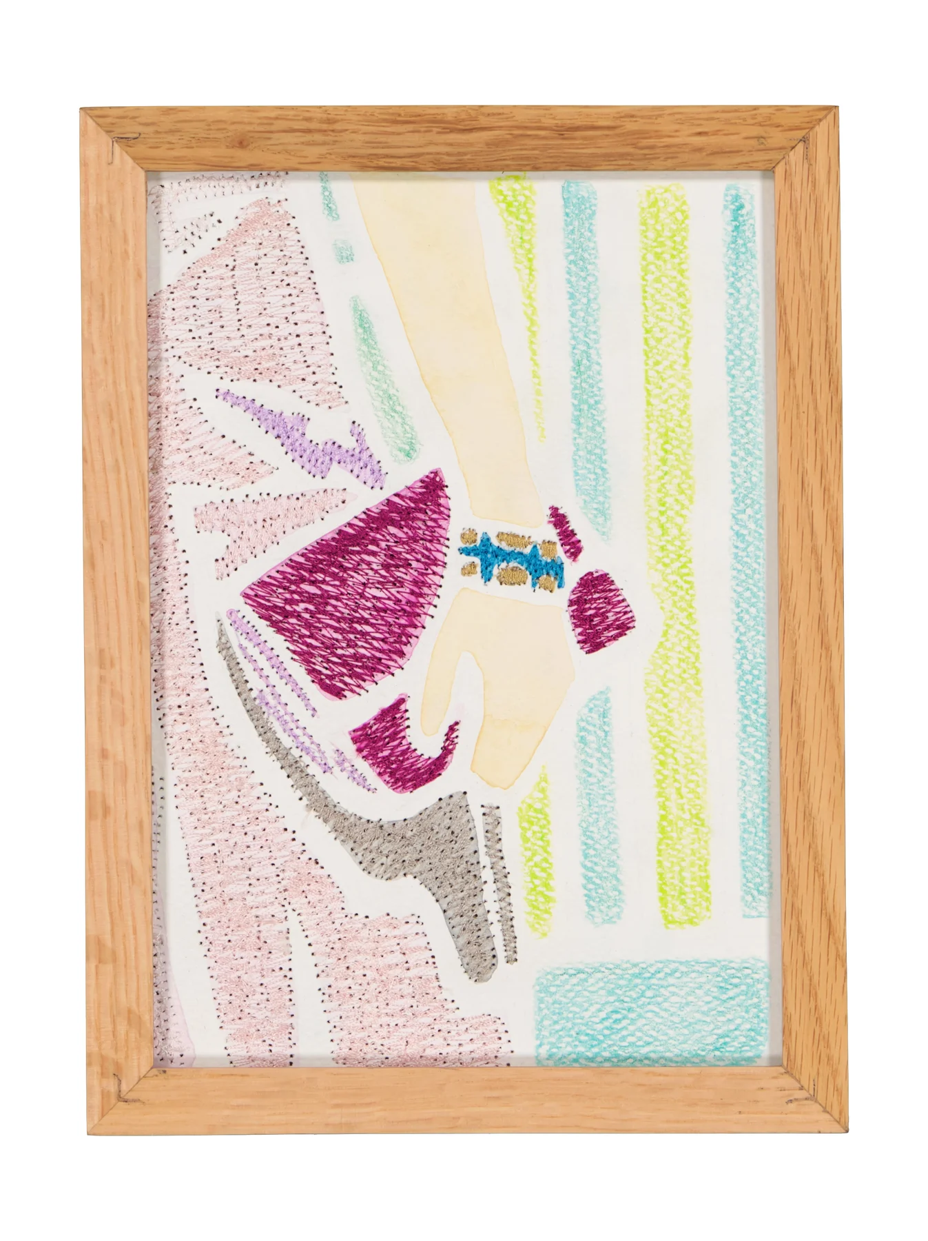 A mother's solace 19, 2024. Watercolor, ink and embroidery on paper - custom-made oak frame with museum-grade glass (UV-protective and anti-reflective). 24 x 18 cm. Margaux Derhy