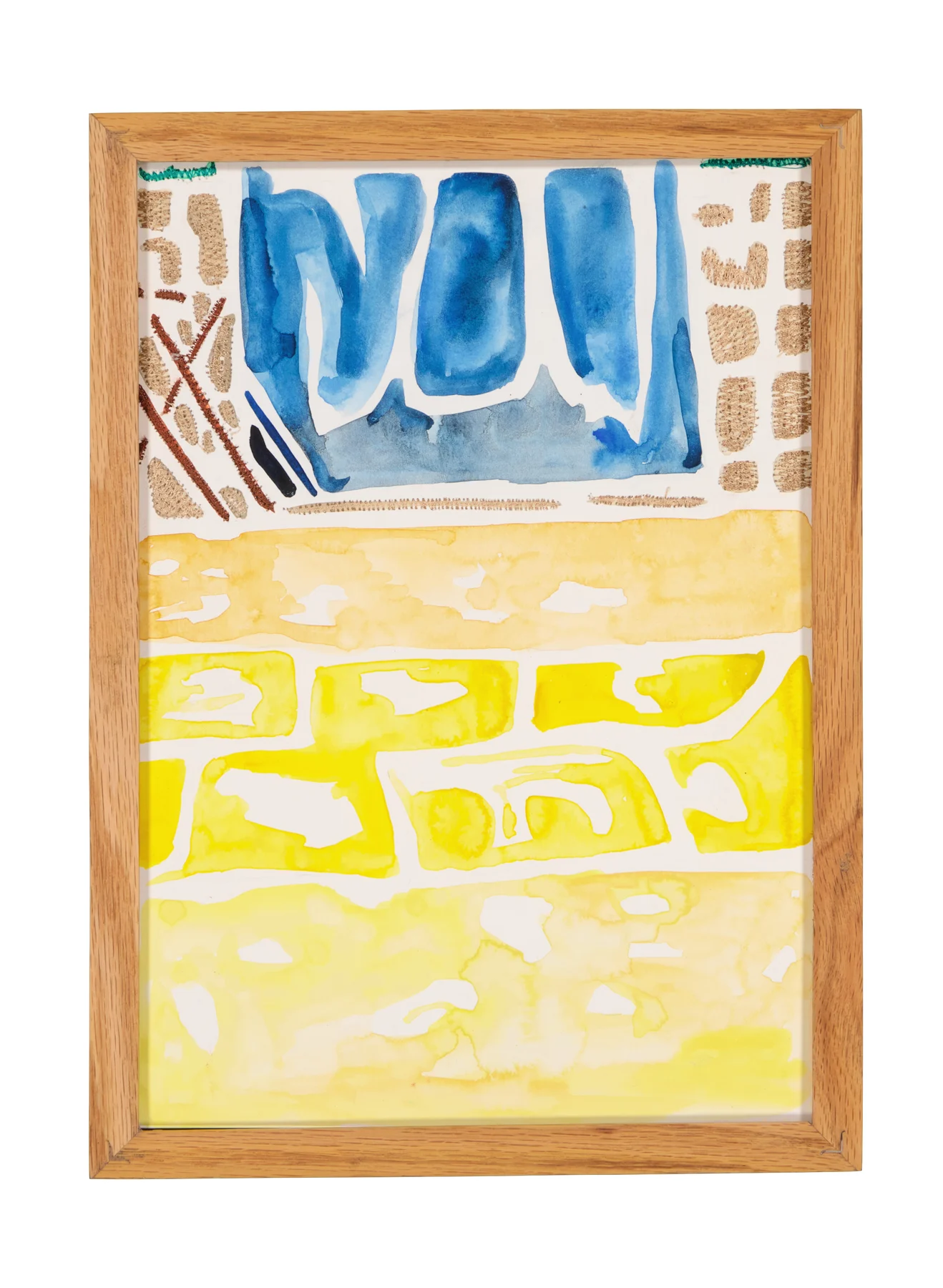 A mother's solace 6, 2024. Watercolor, ink and embroidery on paper - custom-made oak frame with museum-grade glass (UV-protective and anti-reflective). 24 x 32 cm. Margaux Derhy