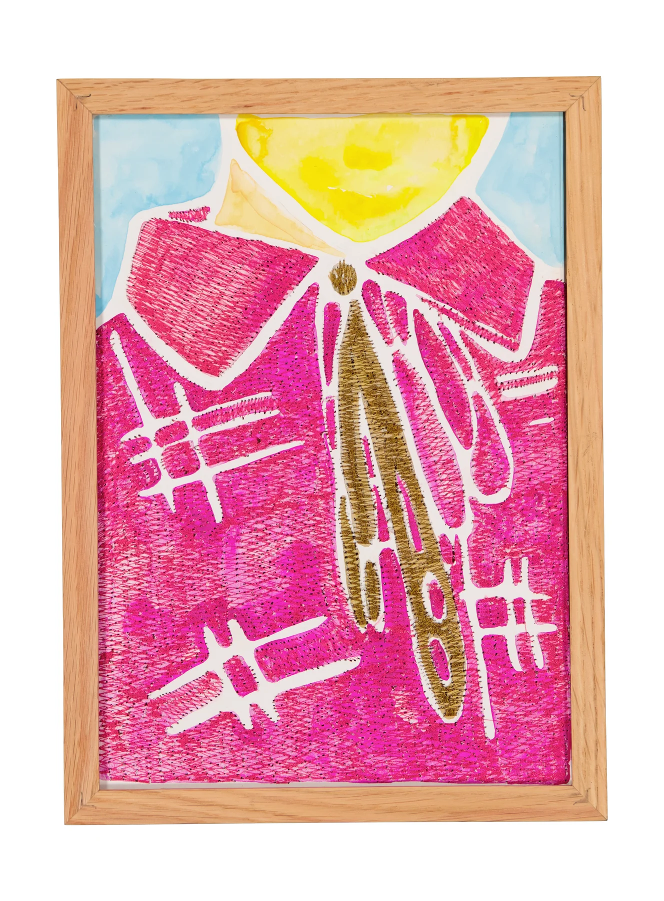 A mother's solace 10, 2024. Watercolor, ink and embroidery on paper - custom-made oak frame with museum-grade glass (UV-protective and anti-reflective). 24 x 32 cm. Margaux Derhy