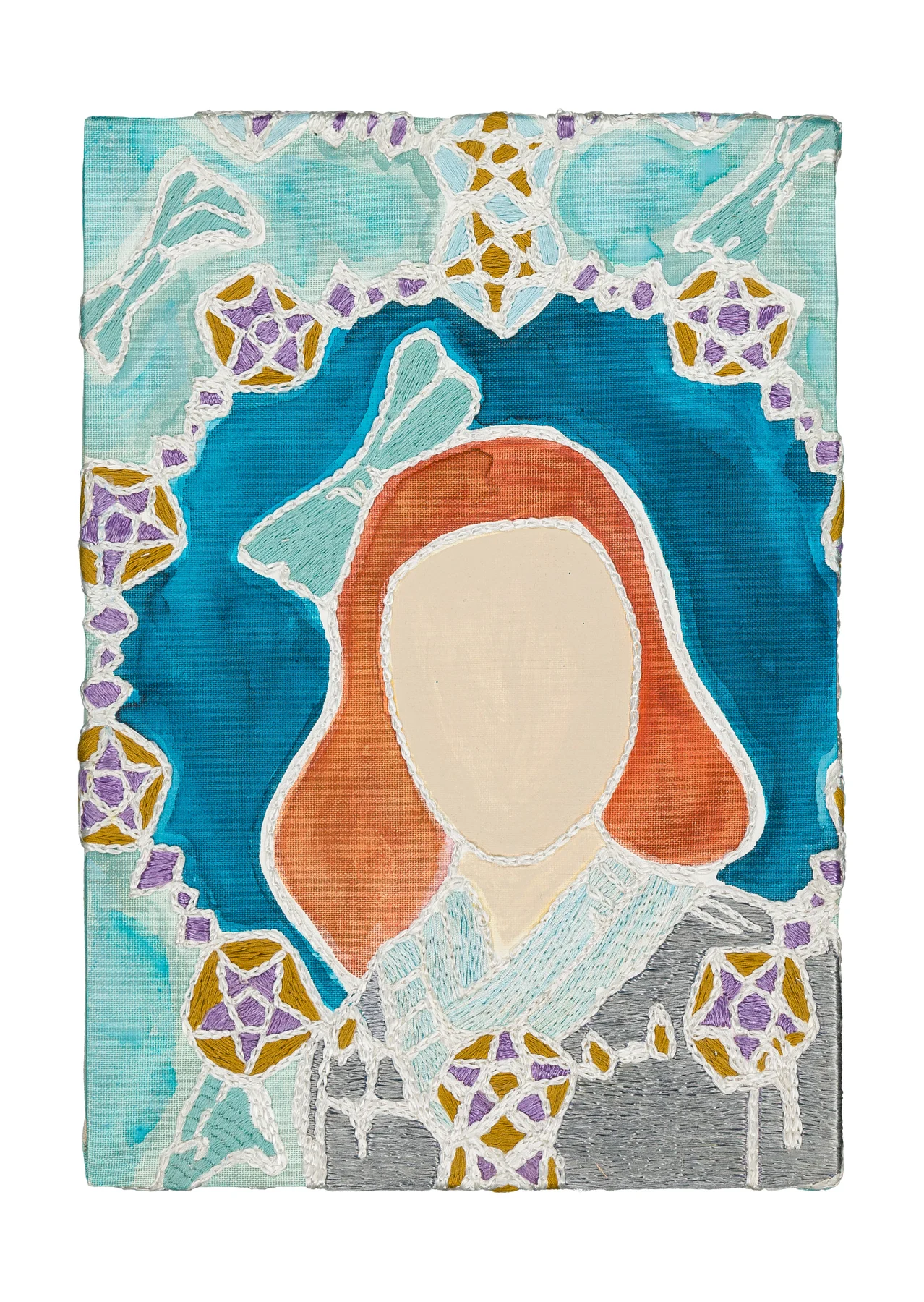 Studio Mogador 1947 - Prélude 4, 2025. Painting and Embroidery on cotton. 24 x 35 cm. Margaux Derhy