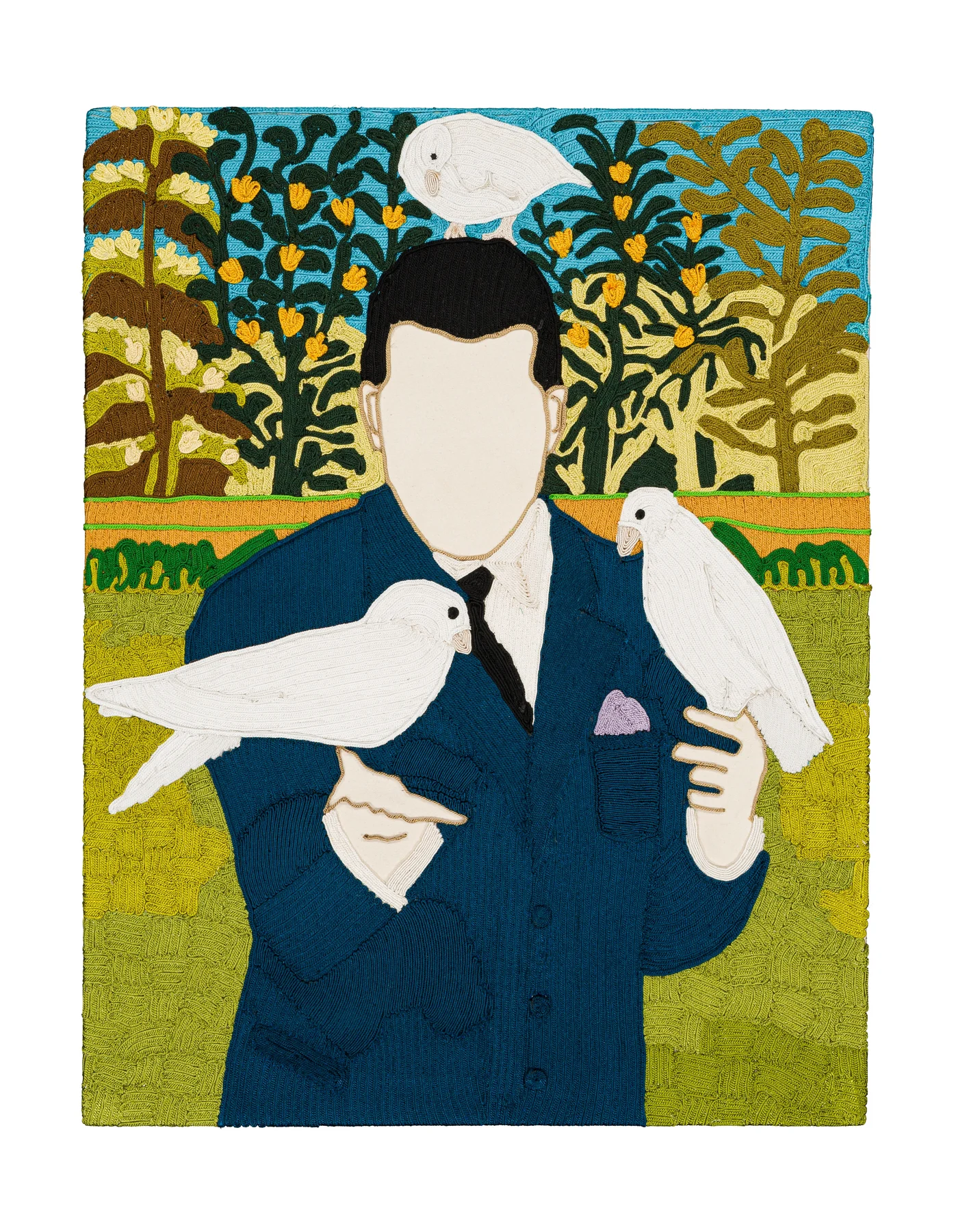 Archive de la tendresse masculine - To the one I love 1, 2025. Sfiffa embroidered by hand on cotton. 70 x 90 cm. Margaux Derhy
