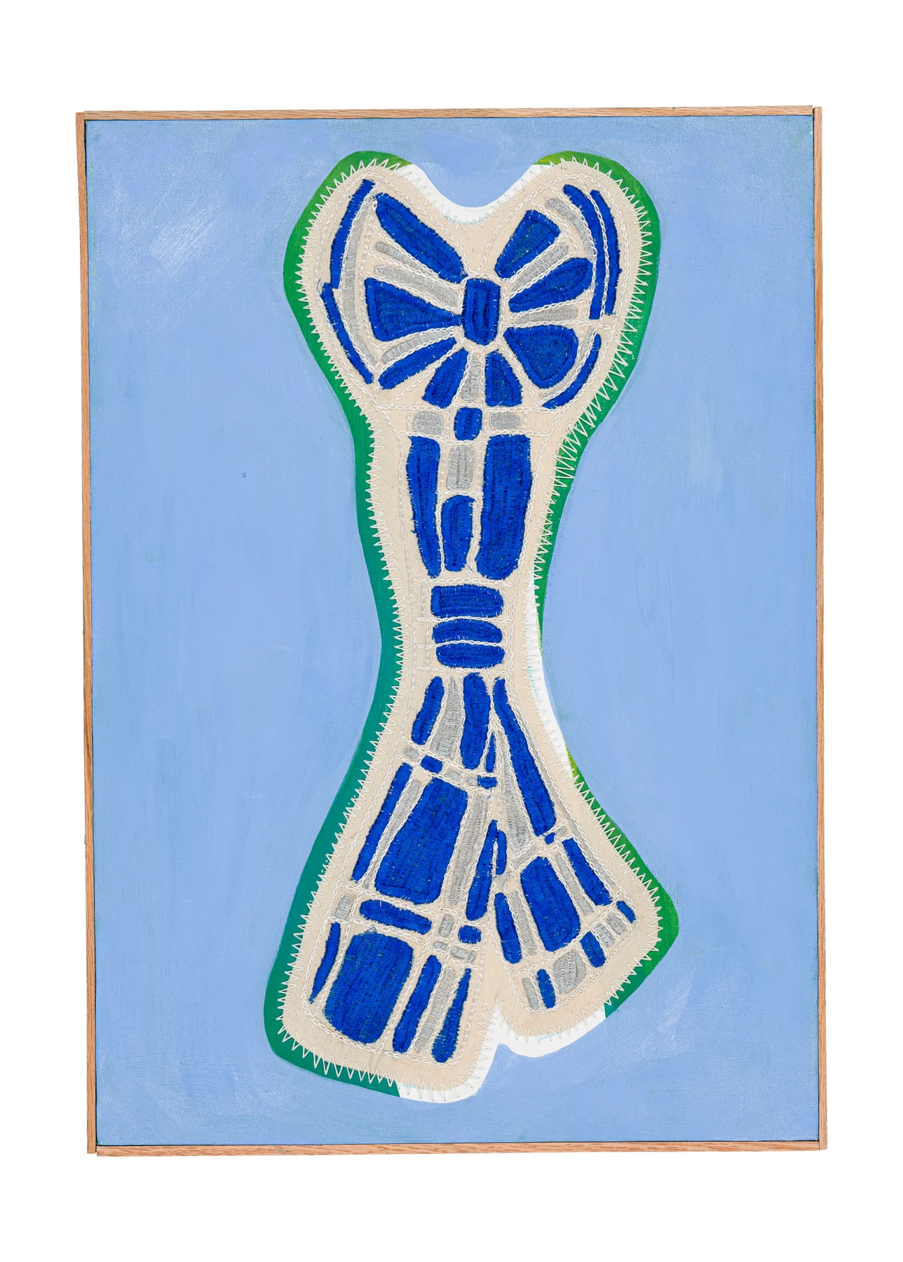 Studio Mogador 1947 - Dénouement 2, 2025. Oil painting and embroidery on sewn cotton. 56 x 40 cm. Margaux Derhy