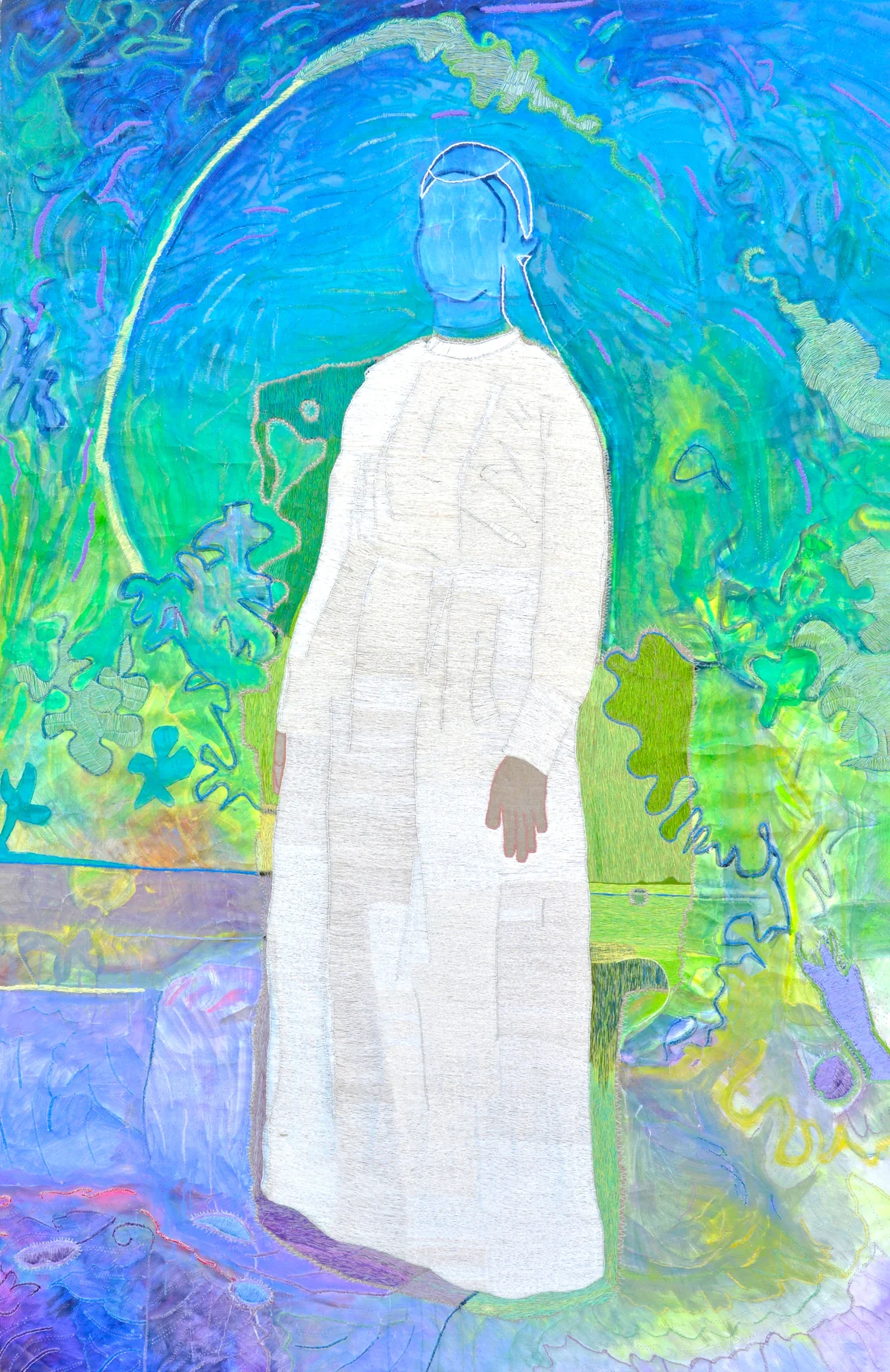 Messoda, 2024. Embroidery by hand and oil painting on linen. 187 x 120 cm. Margaux Derhy