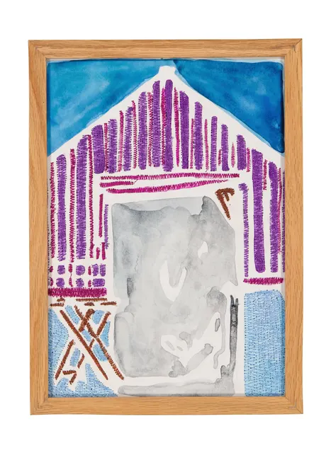 A mother's solace 2, 2024. Watercolor, ink and embroidery on paper - custom-made oak frame with museum-grade glass (UV-protective and anti-reflective). Margaux Derhy