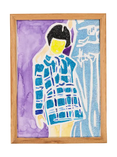 A mother's solace 4, 2024. Watercolor, ink and embroidery on paper - custom-made oak frame with museum-grade glass (UV-protective and anti-reflective). Margaux Derhy