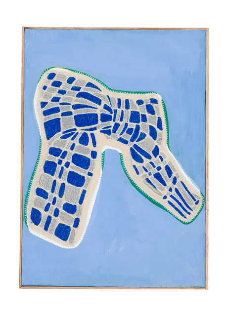 Studio Mogador 1947 - Dénouement 1, 2025. Oil painting and embroidery on sewn cotton. Margaux Derhy