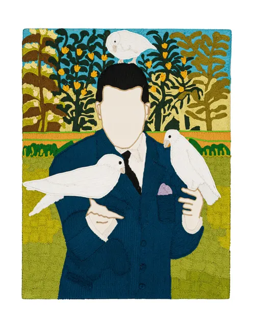 Archive de la tendresse masculine - To the one I love 1, 2025. Sfiffa embroidered by hand on cotton. Margaux Derhy
