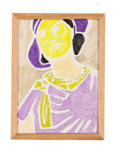 A mother's solace 12, 2024. Watercolor, ink and embroidery on paper - custom-made oak frame with museum-grade glass (UV-protective and anti-reflective). Margaux Derhy